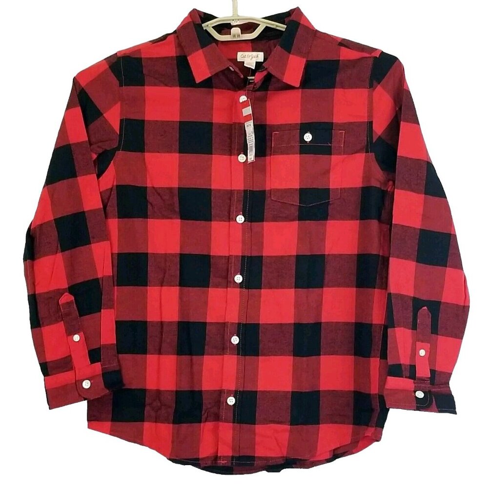 Cat & Jack Shirt Boys XL (16) Husky Red Black Check & Plaid Long‎ Sleeve